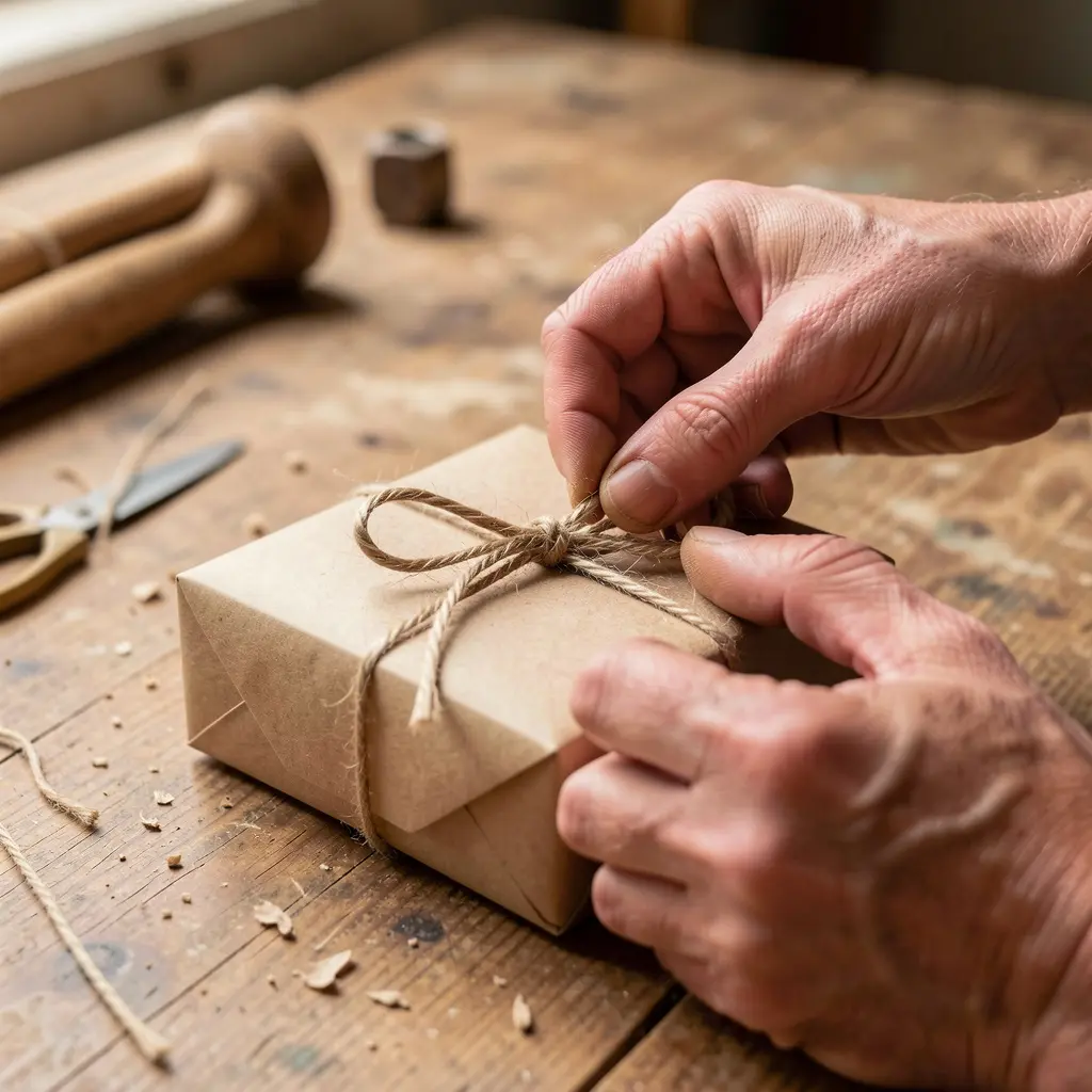 Artisan hands carefully tying a bow on a small parcel